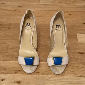 Worn Cream and Blue Buckle Heels